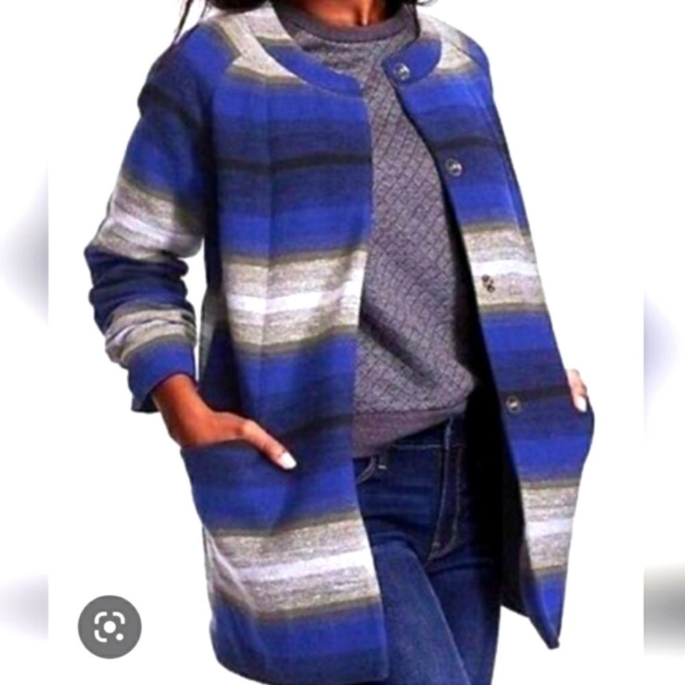 Old Navy Women XL Blue Striped Wool Blend Collarless Longline Blanket Coat NWT